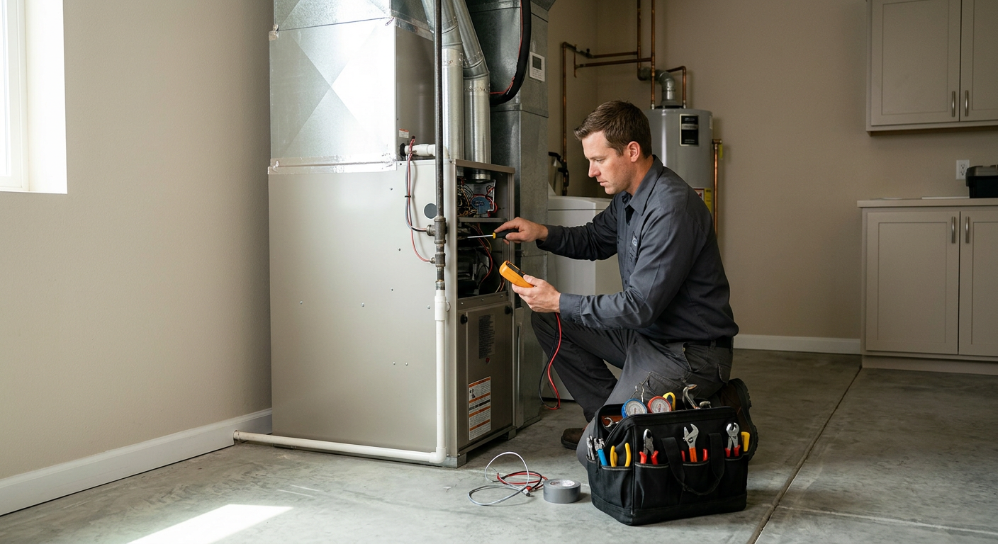 HVAC technician installing a heating and cooling system at an East Valley home